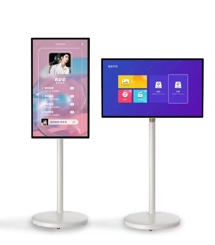 SAPIXCO 32 Inch Incell Touch Digital Signage with Android 12, Full HD touchscreen display, built-in battery, adjustable stand, portrait and landscape rotation support.