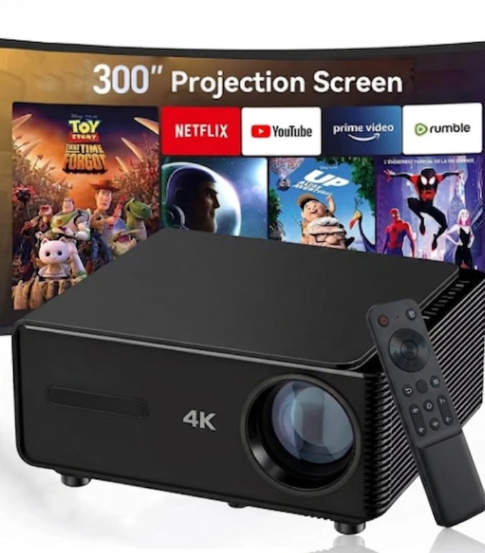 SAPIXCO Movie Box 21 Smart Projector with Full HD display, Android 12, 4K support, Auto Focus, Wi-Fi and Bluetooth connectivity.